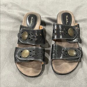 Thom McAn Black Sandals with Gold Accents
